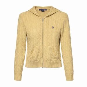 Ralph Lauren Sport Cable Knit Zip Hooded Sweater Womens Size Large Butter Yellow